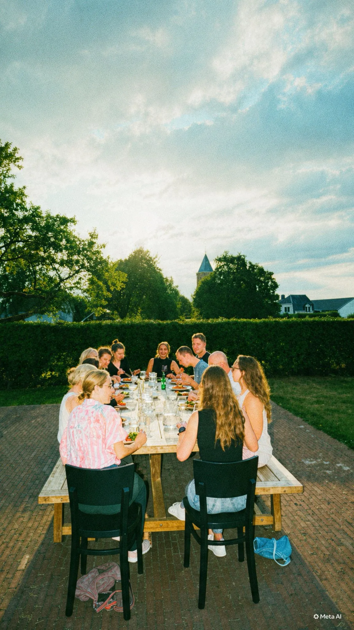 Deelnemers samen aan een lange tafel in de buitenlucht