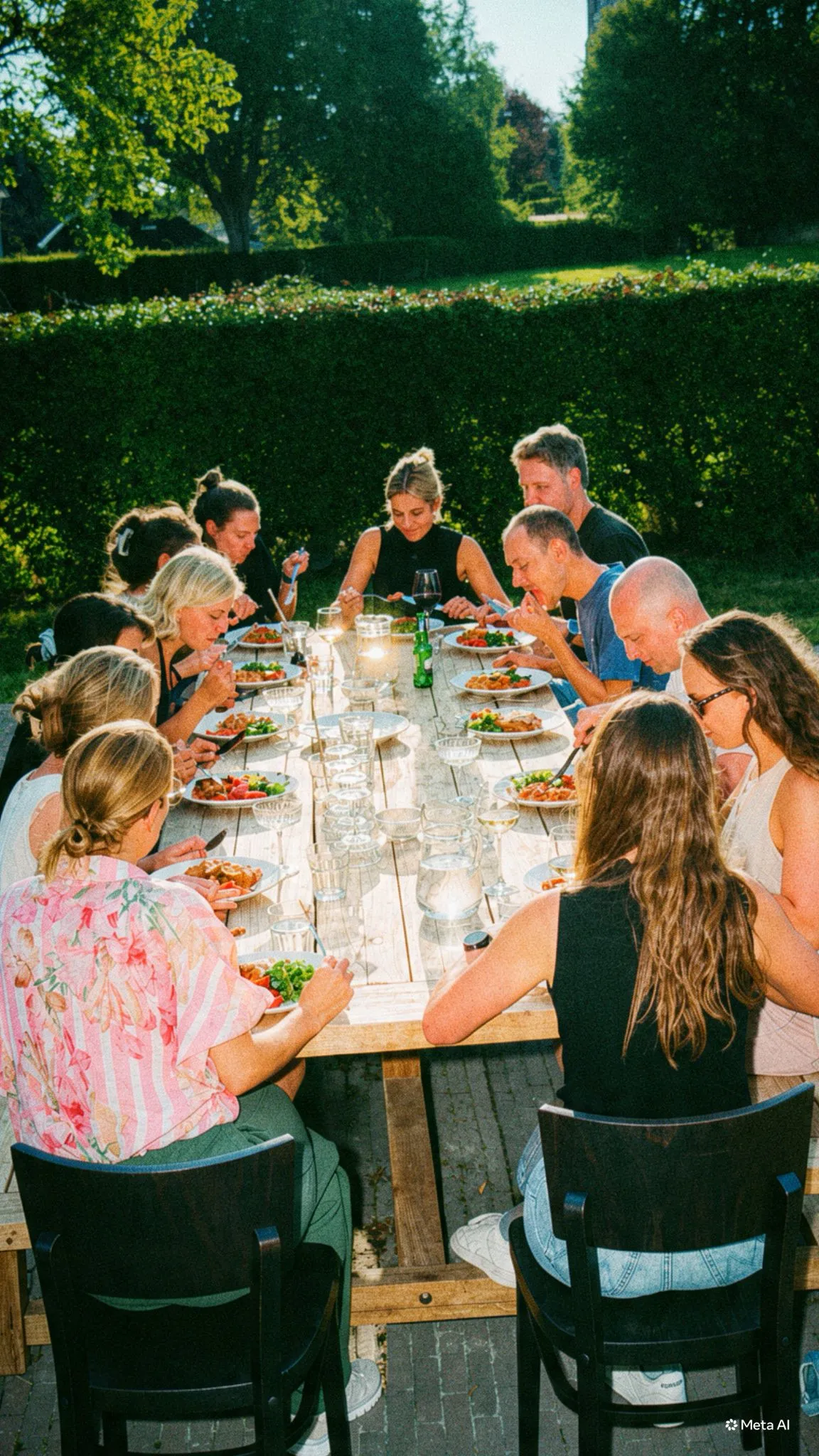 Deelnemers die samen buiten eten